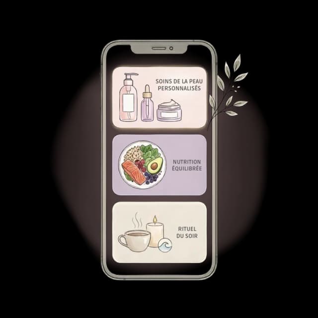 Téléphone affichant les conseils peau, assiette et rituel