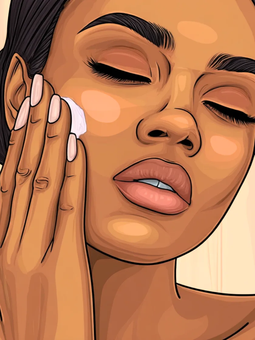 Une femme applique son soin, les yeux fermés