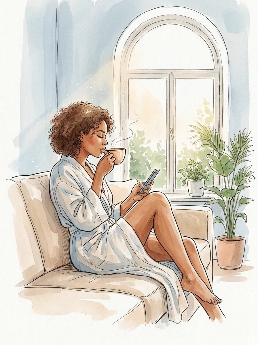 Femme prenant un moment pour elle avec une tasse et son téléphone