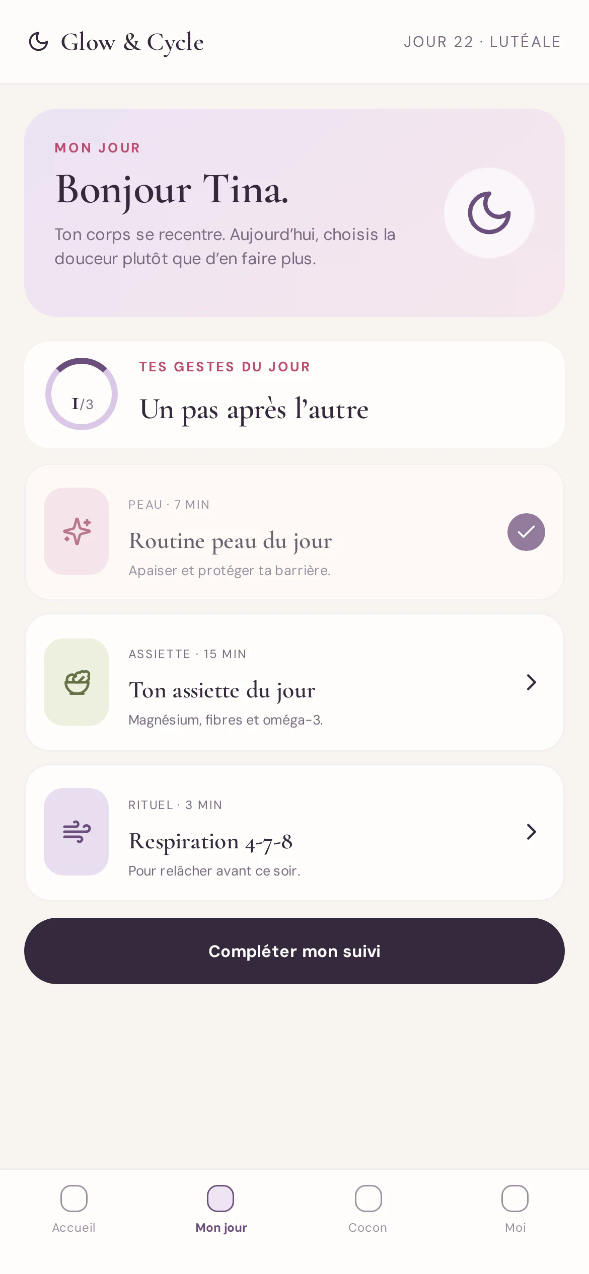 Écran Mon jour actuel de Glow & Cycle