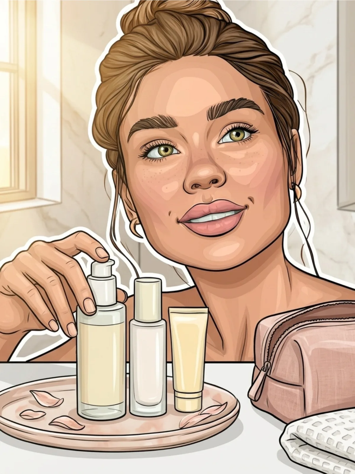 Une illustration : trois soins posés sur un plateau, devant une femme souriante et une trousse de toilette