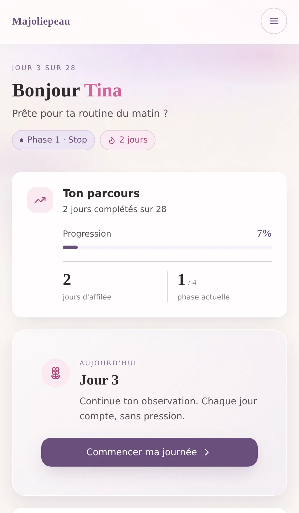 Skin Reboot, jour 3 sur 28 : phase 1 « Stop », 7 % de progression et le message du jour.