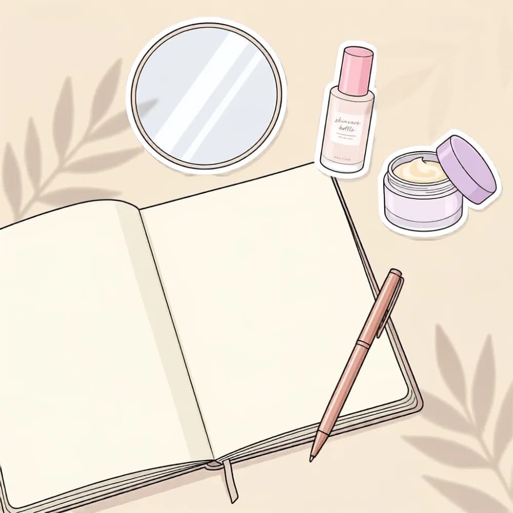 Un carnet ouvert, un miroir et quelques produits posés à côté.
