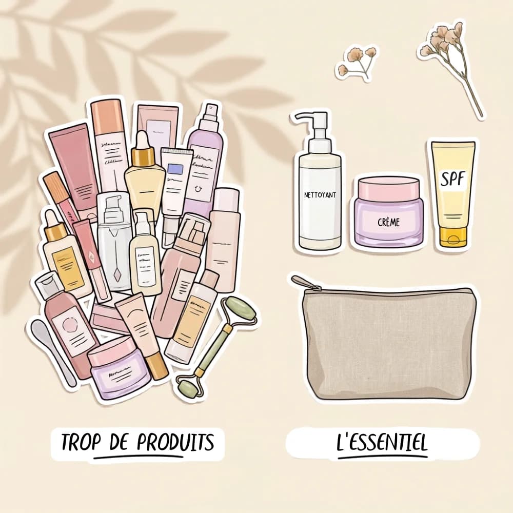 D'un côté un tas de produits entassés, de l'autre trois flacons et une trousse.