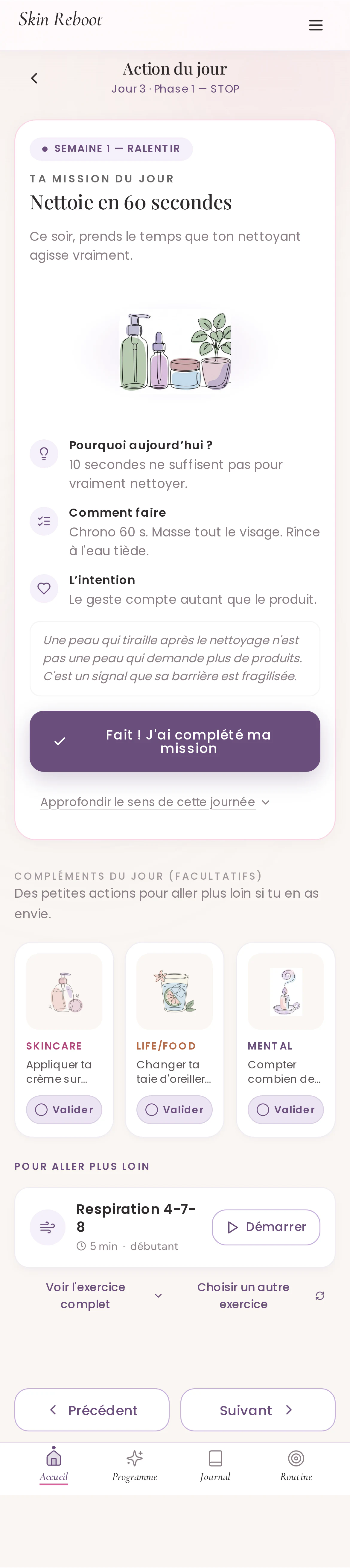 L'écran Action du jour en Phase STOP : l'objectif du jour, la routine en trois gestes et les micro-actions à observer.