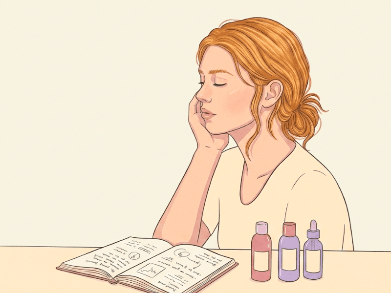 Avant : étagère encombrée de produits. Après : une routine simplifiée à trois gestes.