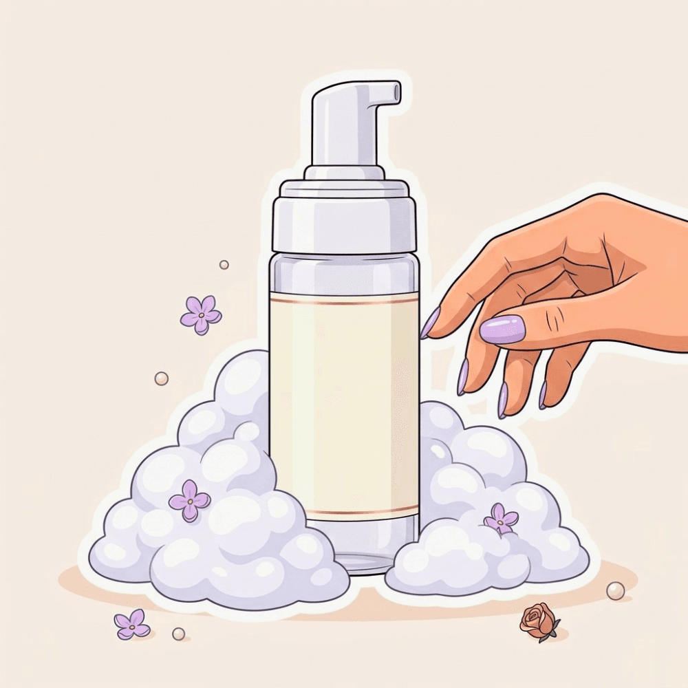 illustration digitale d'un flacon de nettoyant moussant entouré de mousse