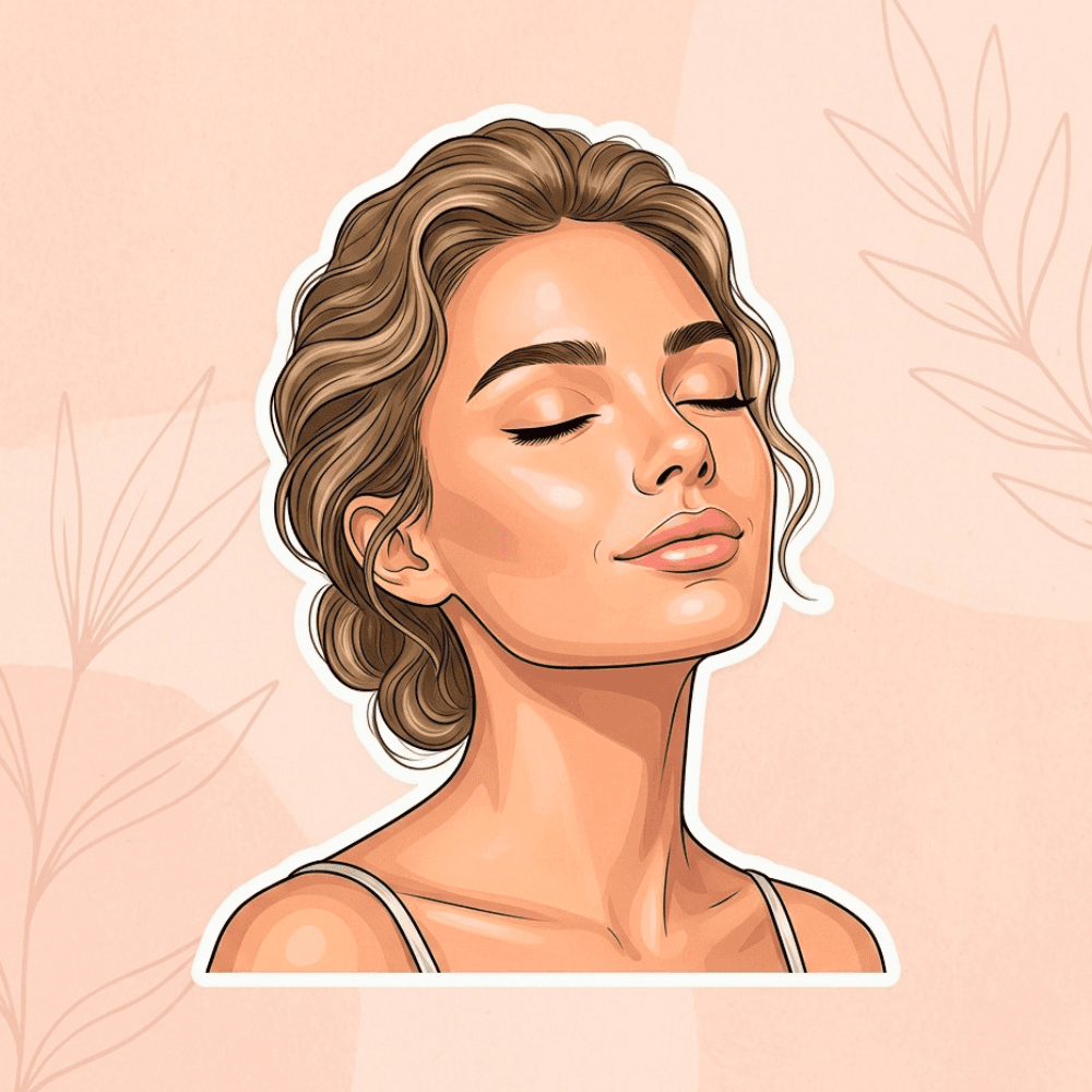illustration digitale d'une femme avec un visage apaisé après nettoyage doux, yeux fermés, négatif généreux.