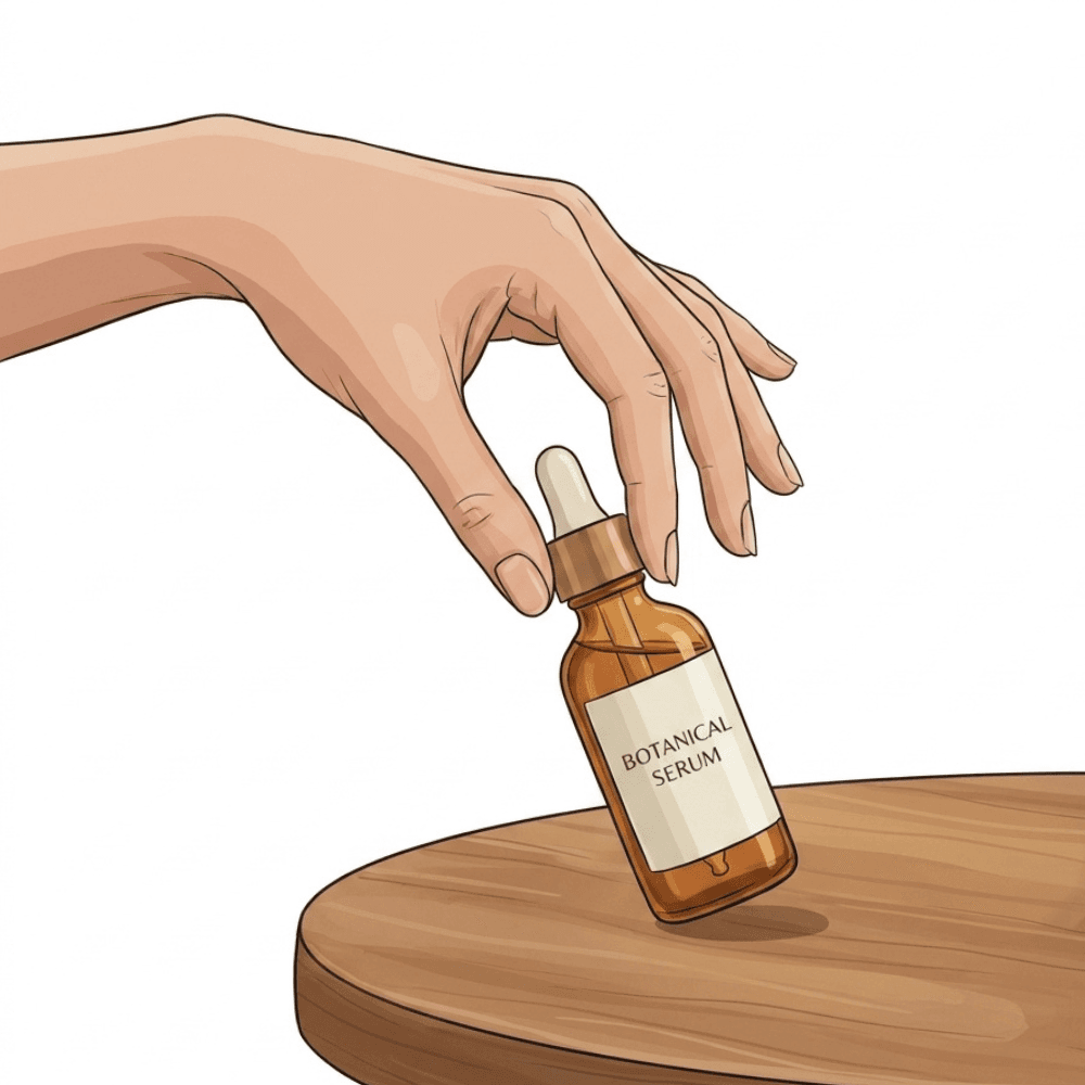 Illustration digitale d'une main qui repose un sérum pour le visage sur sa table de nuit, dans un geste calme