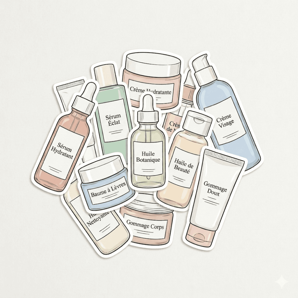 illustration style sticker d'un empilement de plusieurs flacons et tubes de soin pour la peau aux tons pastels
