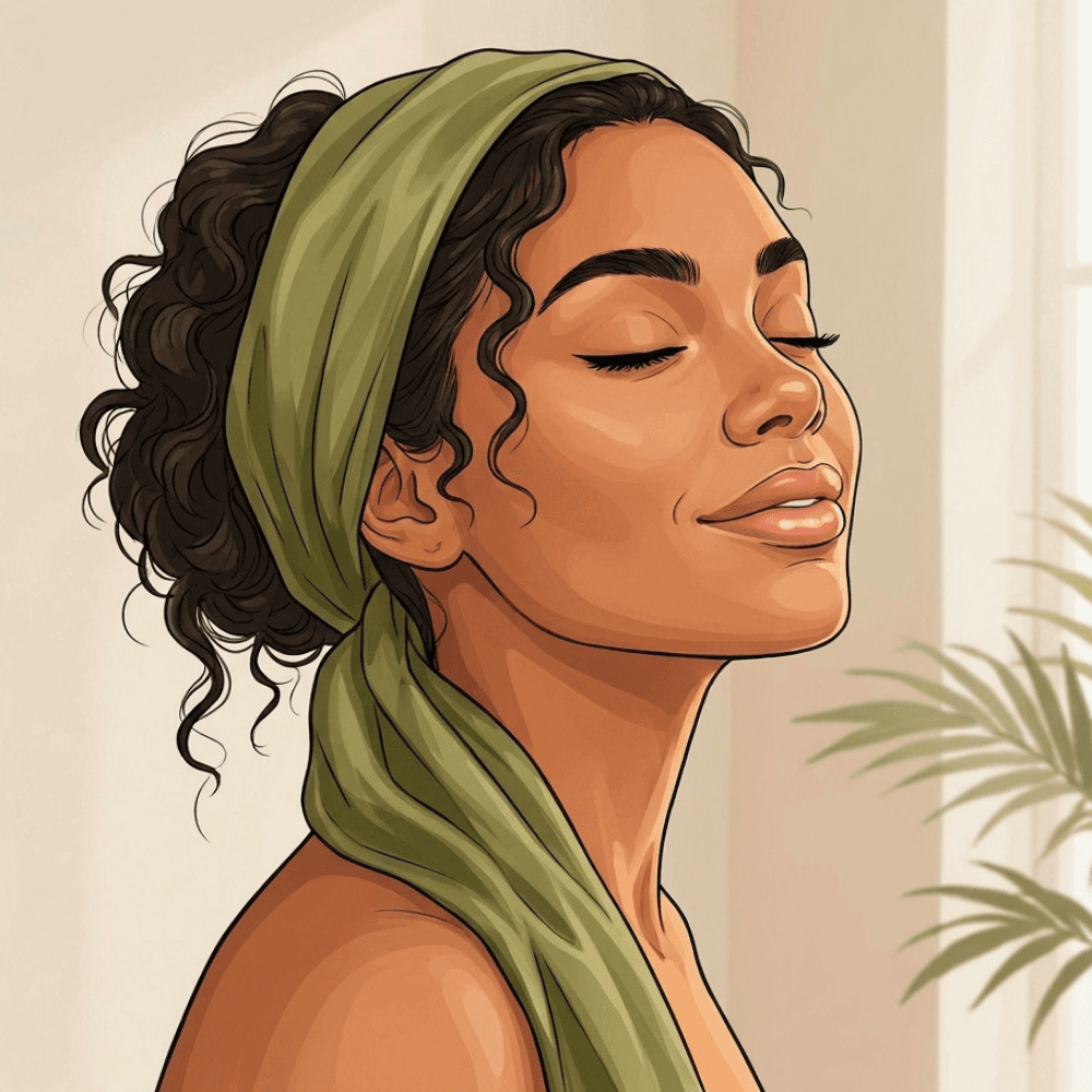 illustration digitale d'une femme apaisée, le visage serein, les yeux fermés , la peau au repos